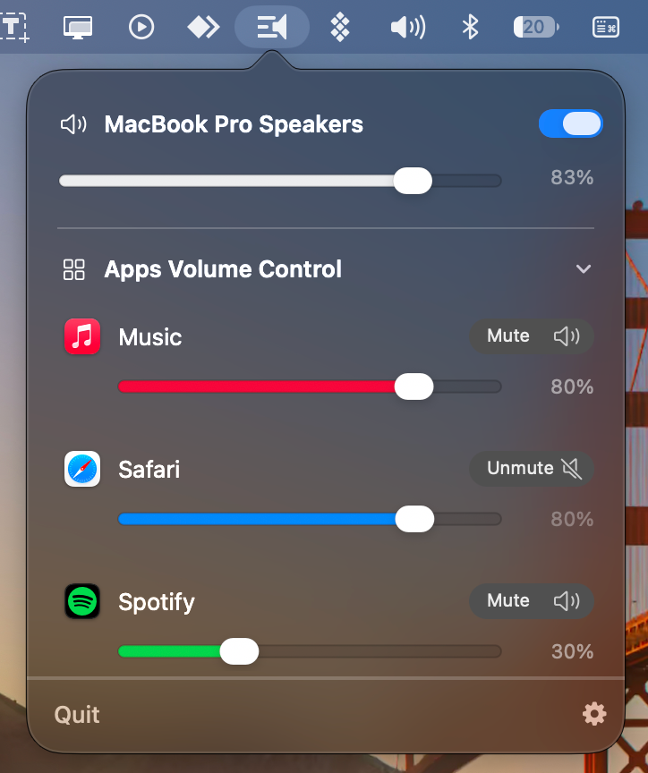 Volora per-app volume mixer showing Music, Safari and Spotify